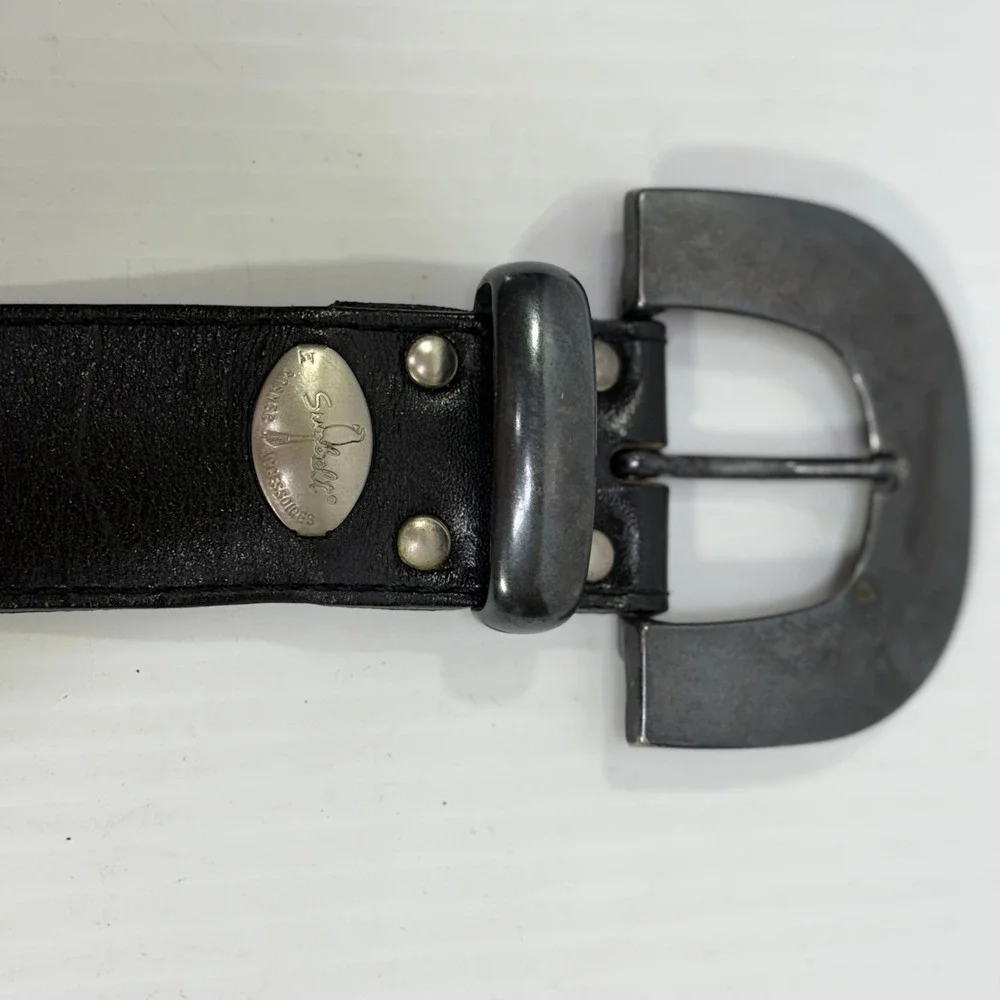 VTG Sunbelt Rosner Black Leather Y2K Western Studded Belt Gunmetal Buckle 36x1.5